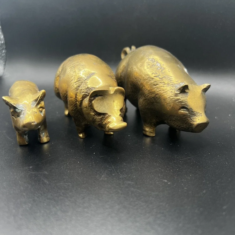 3 Vintage Solid Brass Pig Family Figures Ornaments Three Little Pigs Retro Heavy